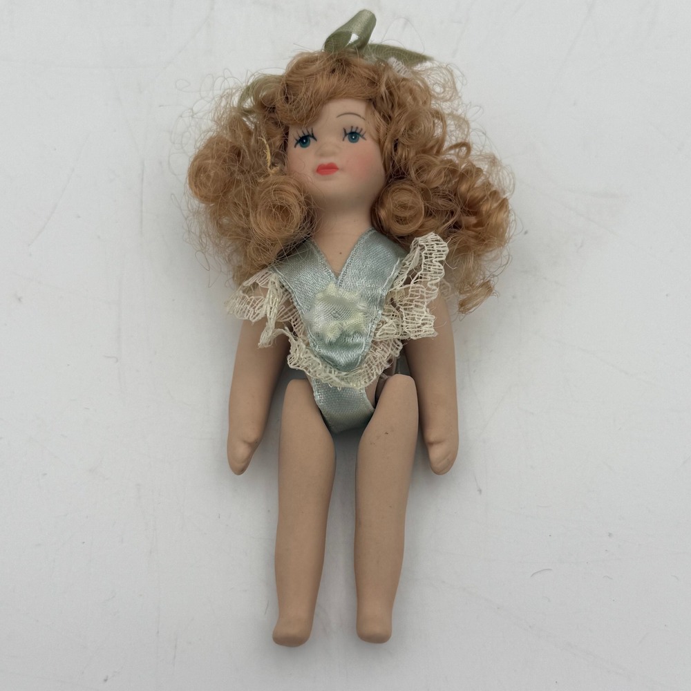 Vintage Miniature Porcelain Doll Strawberry Blonde Hair Blue Lace Romper 4.5"